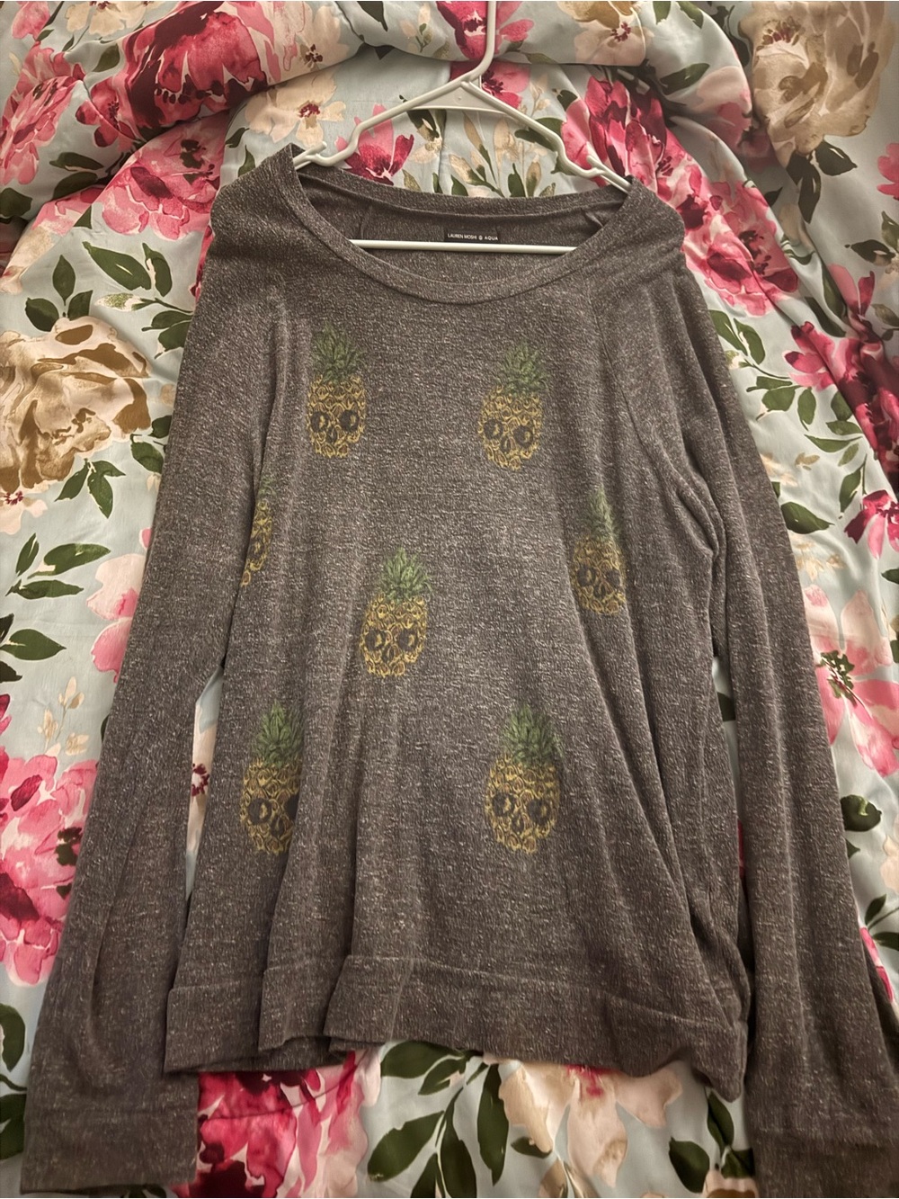 Lauren Moshi Gray Crewneck Sweater with Pineapple Skull Print